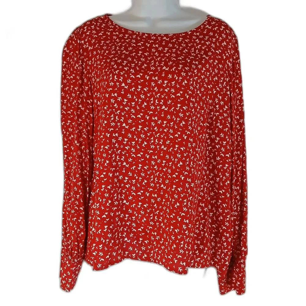 J Crew  Top Red White Floral Scoop Neck  Puff Sleeves Sz XL  Career Holiday...